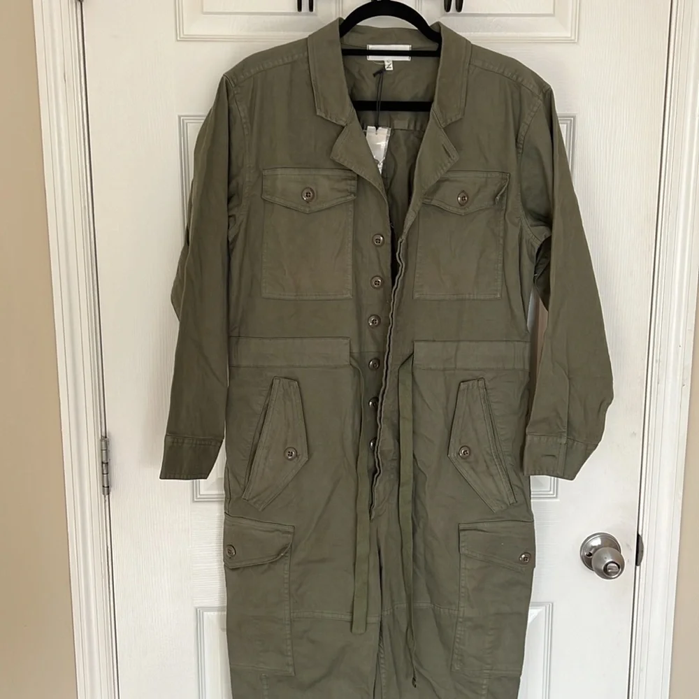 Alex Mill Long Sleeve Button Up Cargo Cotton Jumpsuit Size L Olive Green - Picture 6 of 11